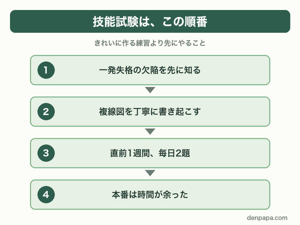 技能試験の順番。一発失格の欠陥を先に知る、複線図を丁寧に書き起こす、直前1週間に毎日2題、本番は時間が余った