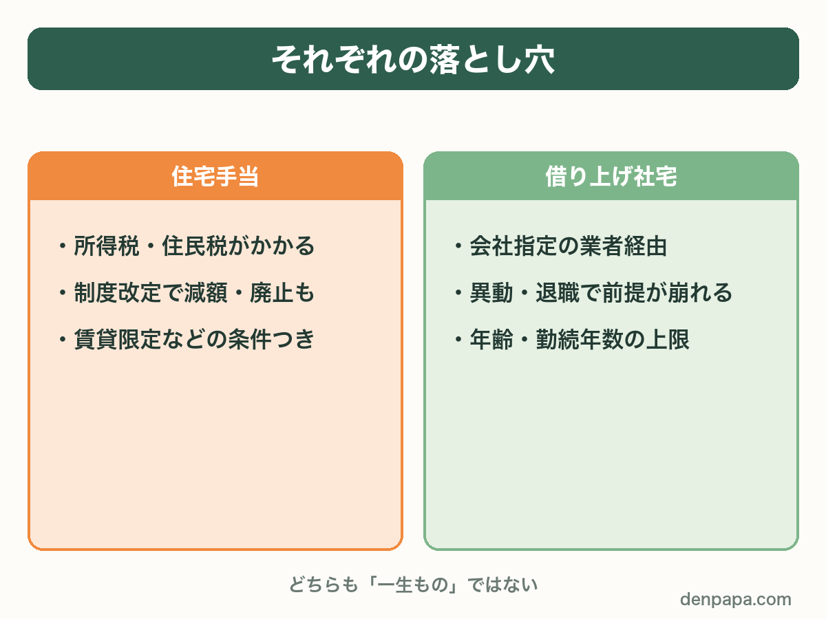 それぞれの落とし穴。住宅手当は所得税・住民税がかかる、制度改定で減額・廃止も、賃貸限定などの条件つき。借り上げ社宅は会社指定の業者経由、異動・退職で前提が崩れる、年齢・勤続年数の上限